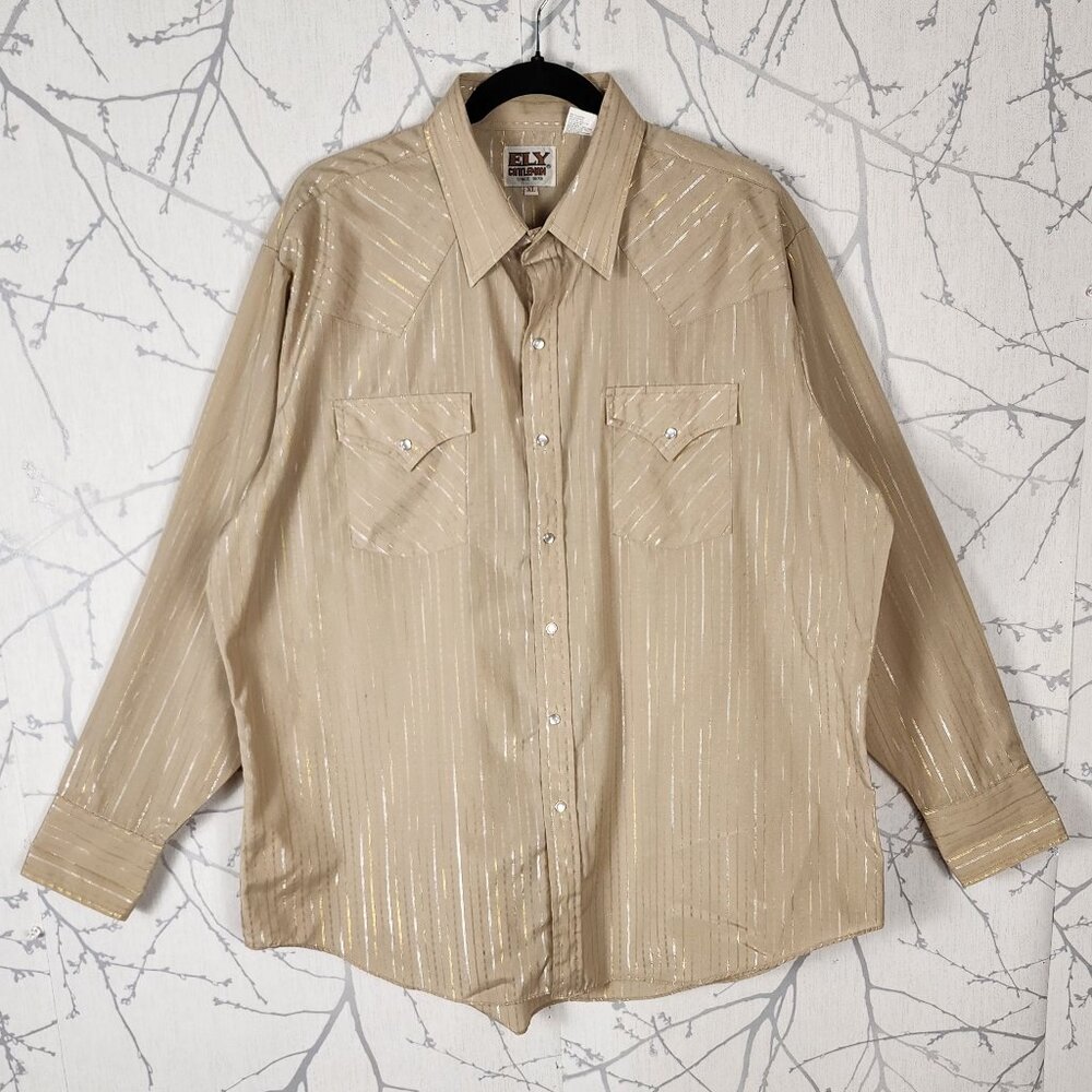 Ely Cattleman Beige Metallic Gold Pinstripe Pearl Snap Western Shirt